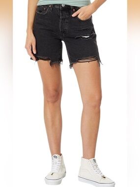 Levi's 501 Mid Thigh Black Distressed Jean Shorts with Frayed Hem